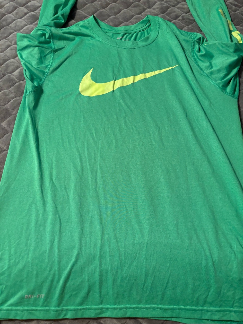 Nike Green Long Sleeve Dri-FIT Top with Yellow Swoosh
